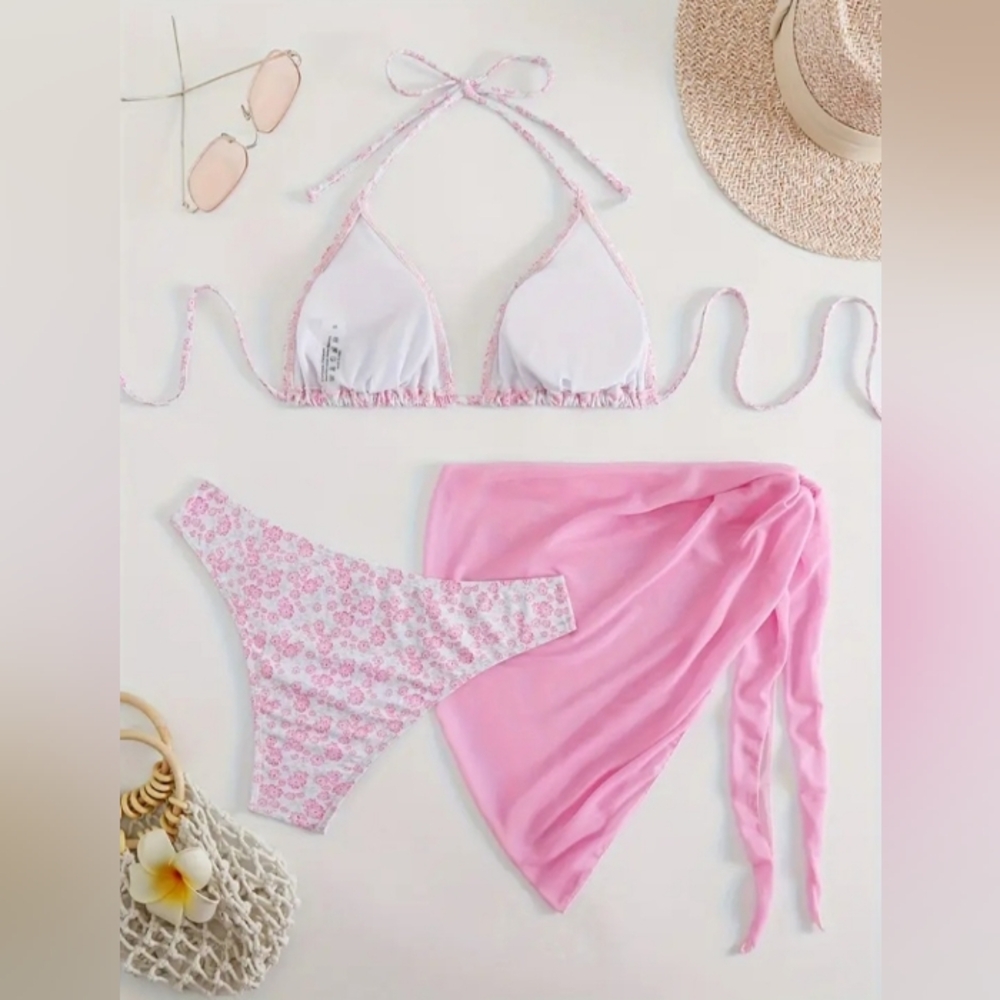 3 Pc Bikini Bathing Suit Set Pink/Gray Floral Size Small NWT - Picture 3 of 8